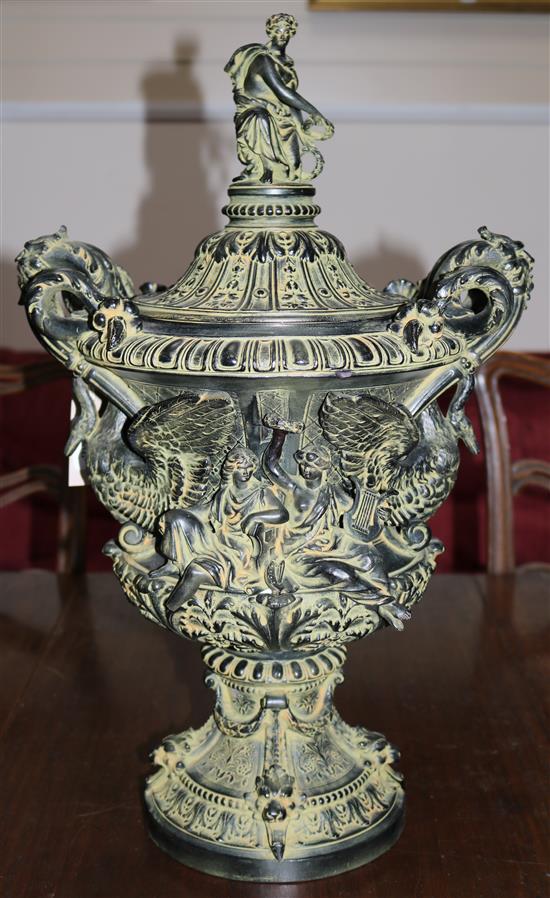 A bronzed effect two handled classical lidded vase